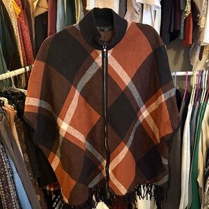 Rachel Zoe Zip-Front Plaid Cape in Rust, Black and Gray